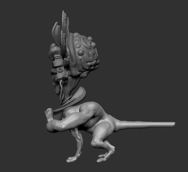 Grey 3D sculpt of a creature combining a large Aztec masked head with a small reptilian body
