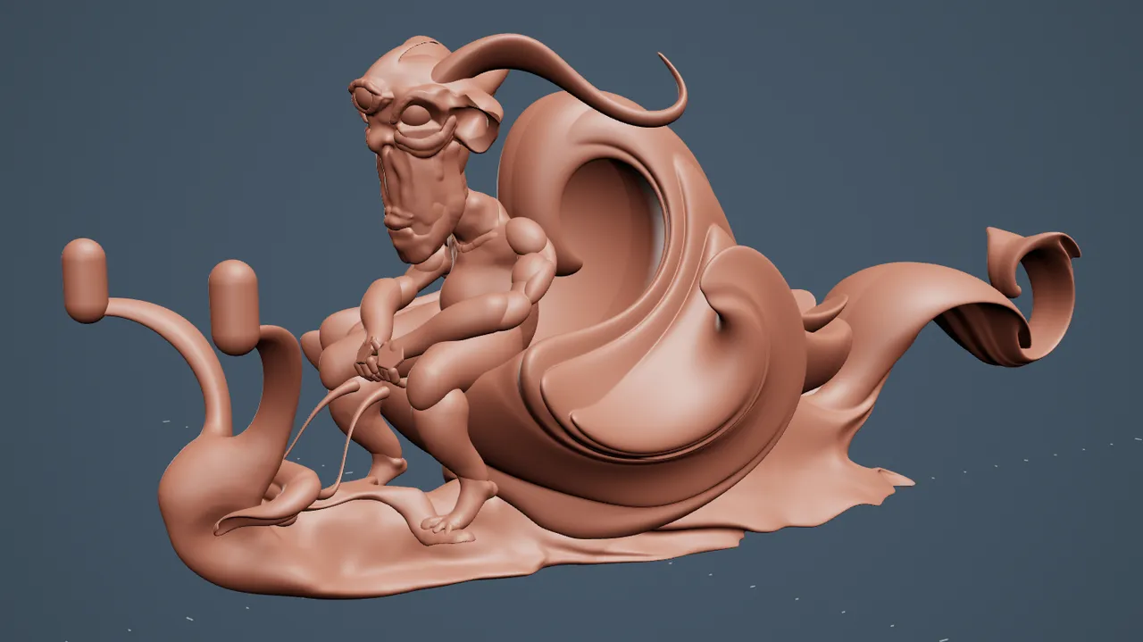 3D sculpt of a surreal horned humanoid holding reins and riding a giant stylized snail