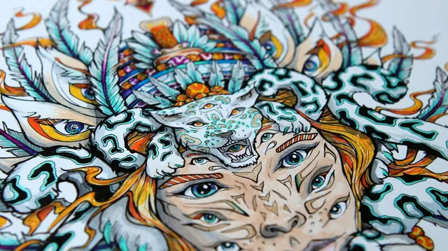 Detailed ink drawing of a multi-eyed shaman face wearing a snarling snow leopard and feather headdress