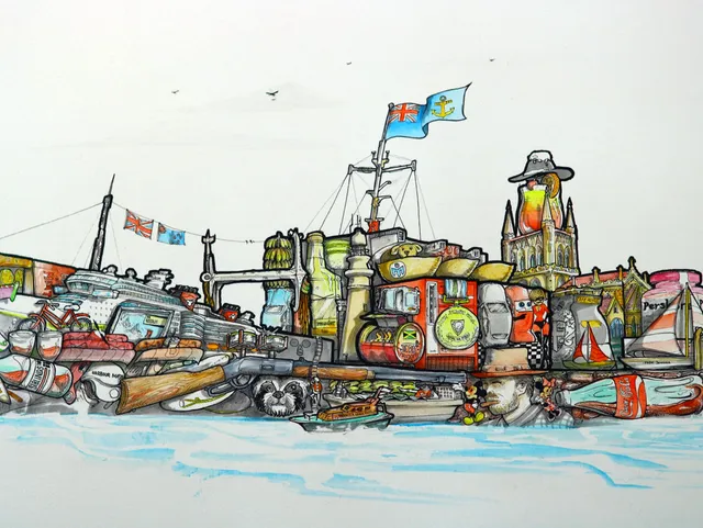 Ink and color drawing of a floating collage forming a ship, packed with objects like a rifle, flags, and a lighthouse