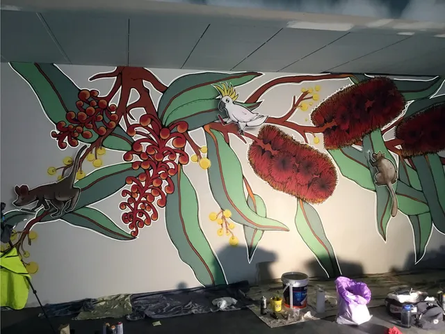 Mural in progress depicting native Australian flowers, a cockatoo, and small marsupials with bold white outlines