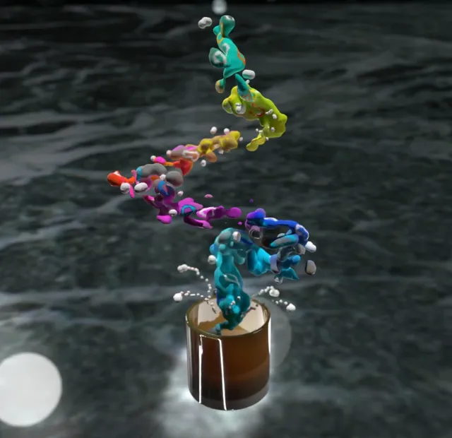 3D render of a colorful, psychedelic fluid spiraling upwards like vapor from a mug of dark tea