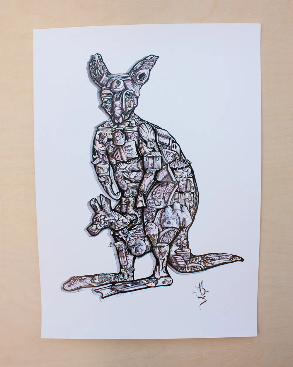 Ink drawing of a kangaroo and joey composed of densely packed, intricate smaller illustrations