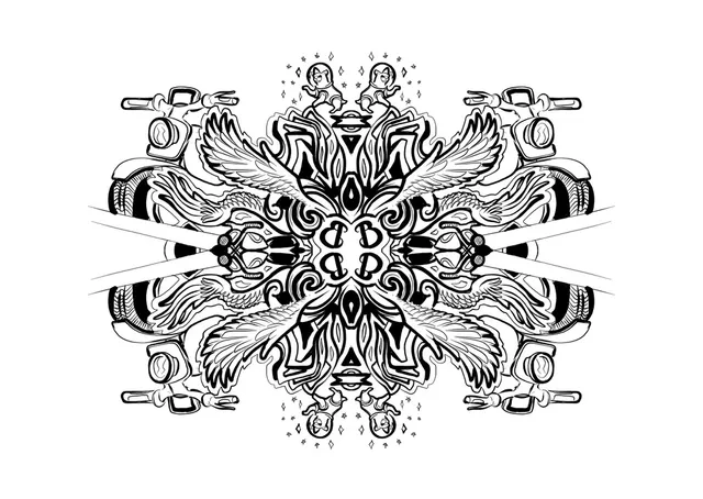 Symmetrical black and white line drawing of a mandala featuring wings, scooters, and central repeating letters
