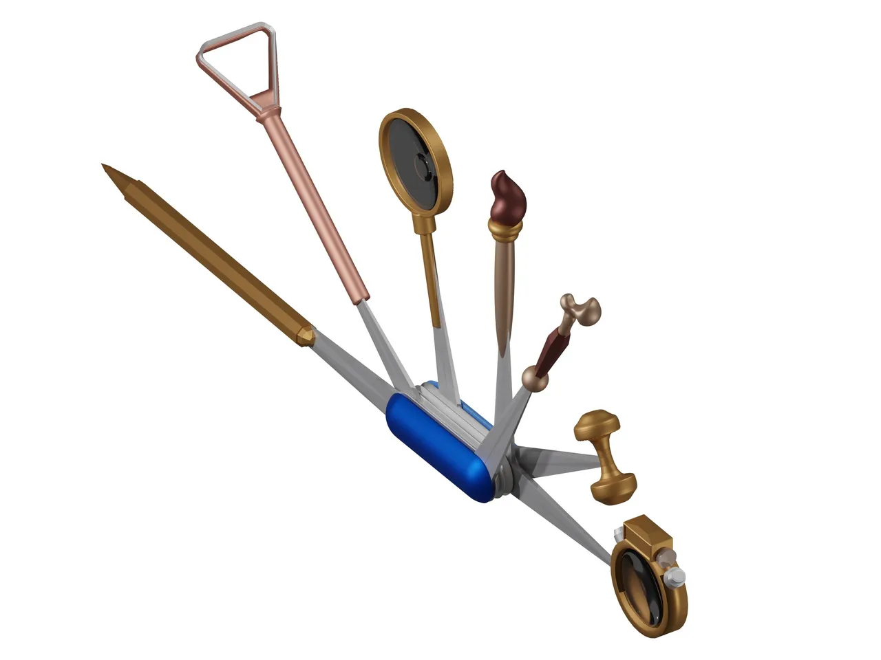 3D render of a blue pocketknife with a pencil, shovel, magnifying glass, paintbrush, bone and dumbbell fanned out
