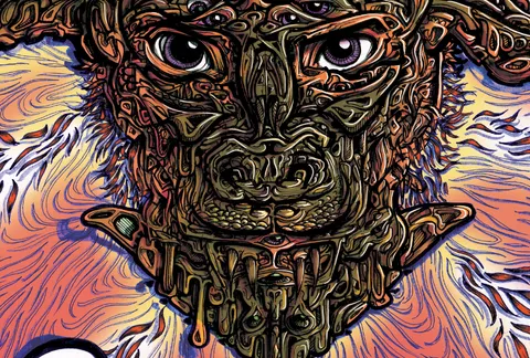 Psychedelic illustration of a totemic animal mask with multiple eyes, bold linework and melting organic shapes