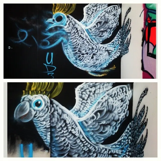 Two views of a spray paint mural depicting a stylized flying cockatoo with white feathers and a yellow crest