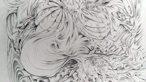 Pencil drawing of swirling psychedelic abstract forms intertwining with geometric floral shapes