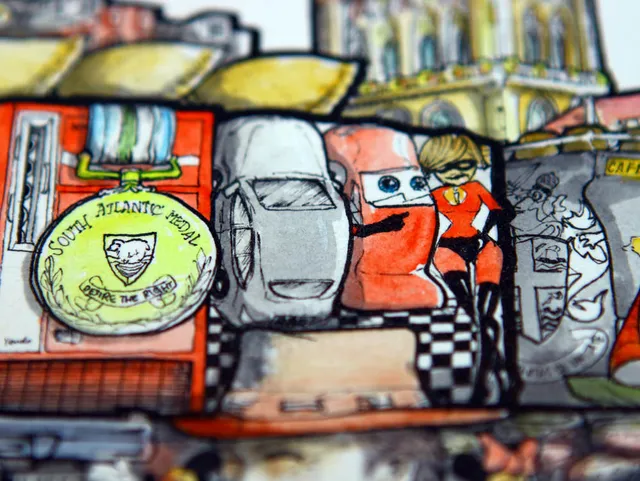 Detail of an ink illustration featuring a South Atlantic Medal, cartoon cars, and the superhero Elastigirl