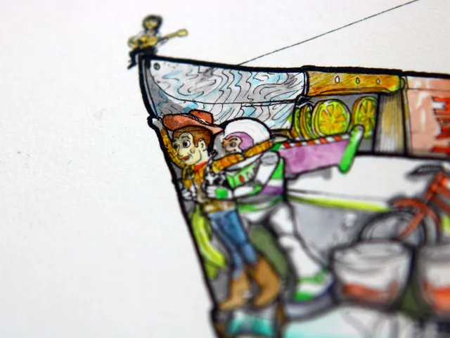Ink illustration detail of Woody and Buzz Lightyear in the Titanic pose on the bow of a boat