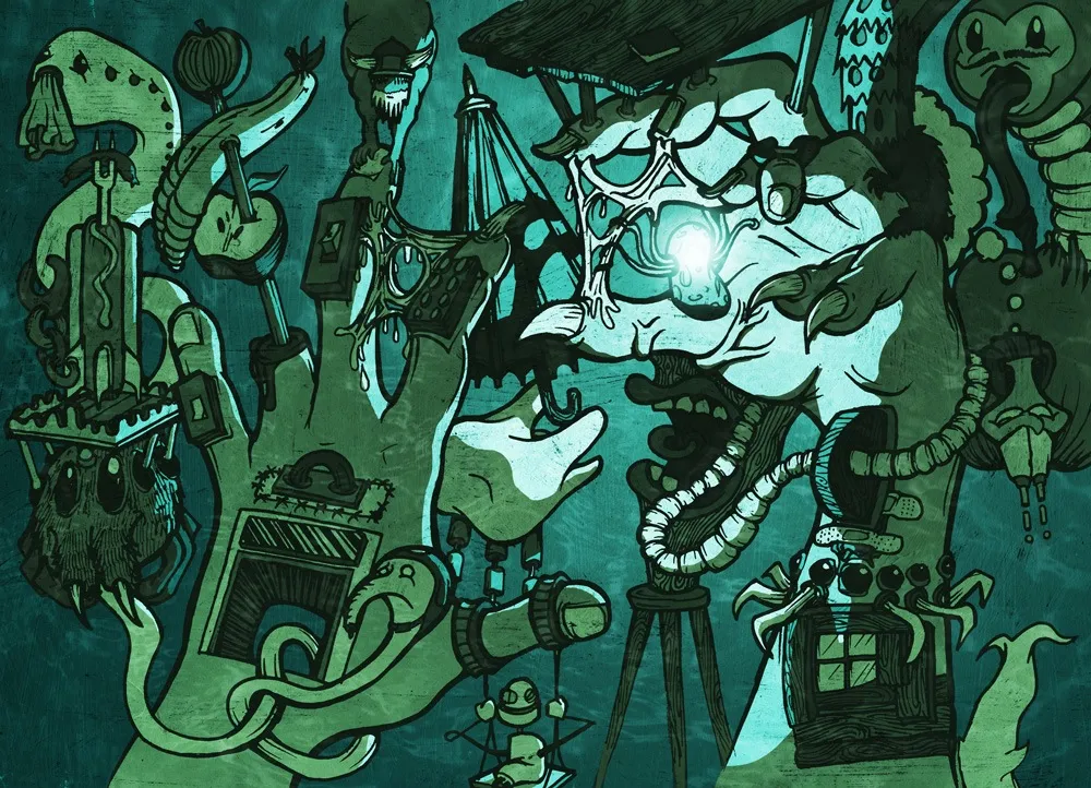 Psychedelic green illustration of two hands morphing into surreal landscapes with cobwebs, creatures and tiny doors