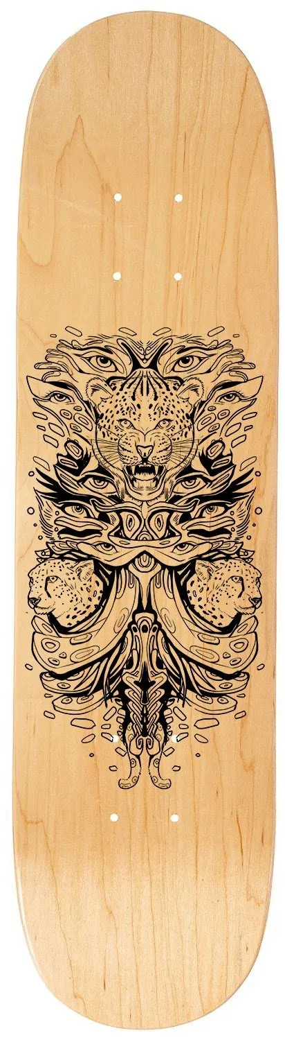 Wooden skateboard deck featuring a symmetrical black line design of totemic leopard heads and stylized eyes