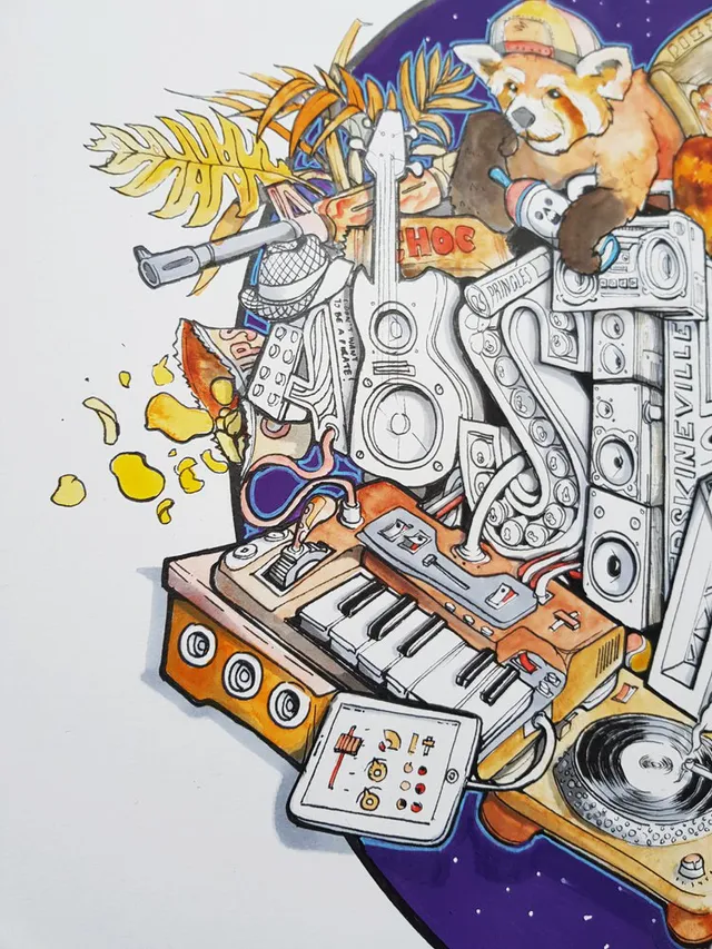Partially colored ink illustration of a dense collage featuring a red panda, synthesizer, guitar, and spilling chips