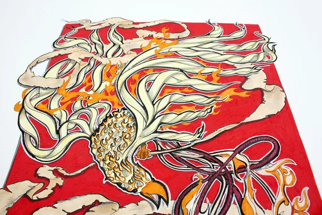 Illustration of a diving phoenix with a flaming body and flowing white feathers on a red background