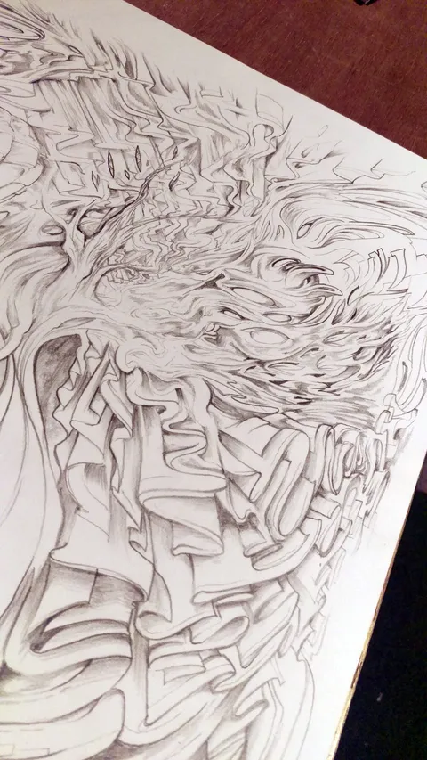 Intricate pencil drawing of abstract psychedelic forms resembling flowing ribbons and swirling energy