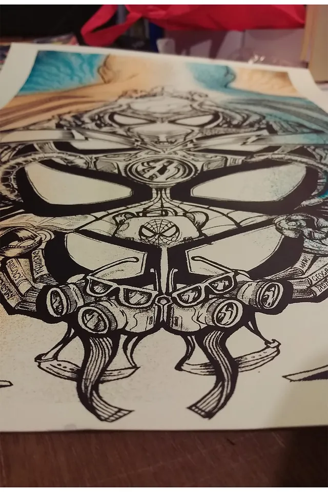 Bold ink illustration of a complex, symmetrical Spider-Man face composed of webbing, goggles and mechanical parts