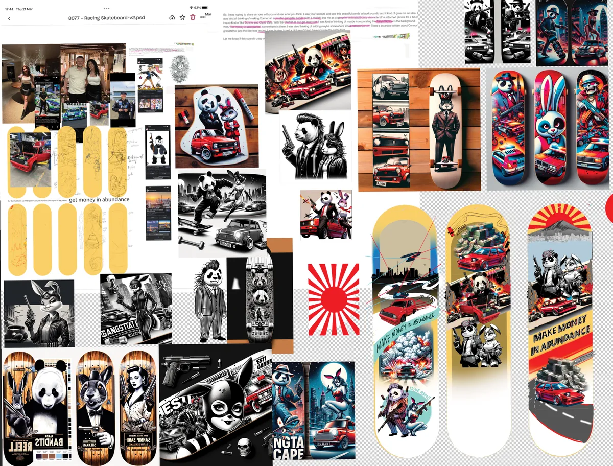 Digital mood board of skateboard graphic concepts featuring illustrated pandas and rabbits with cars and guns