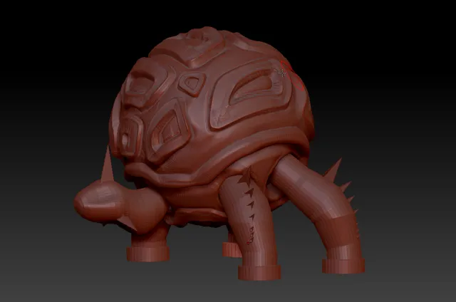 Red digital clay 3D sculpt of a turtle-like creature with a carved totemic shell, pointed snout and spiked legs
