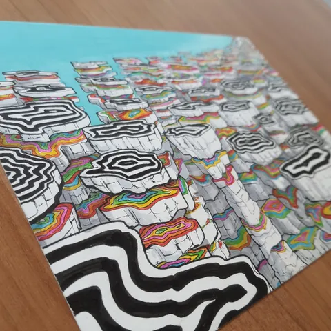 Drawing of a cracked landscape of stacked rock slabs with black and white wavy tops and rainbow-striped sides
