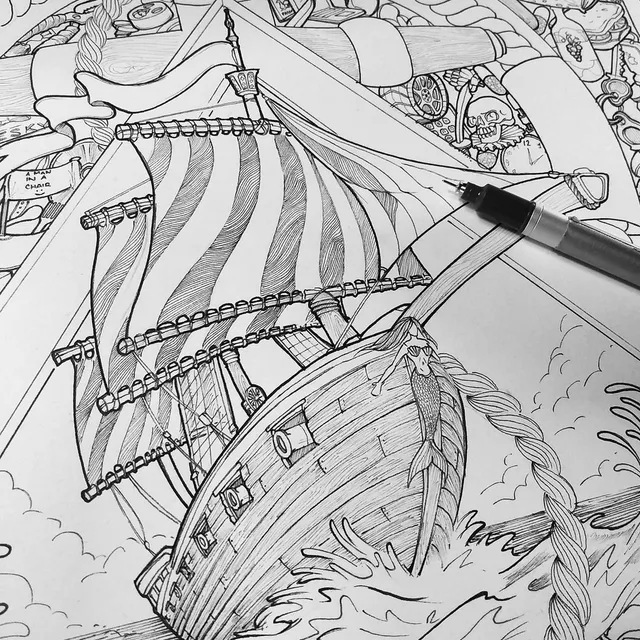 Sailing ship work in progress process photo of black and white intricate drawing