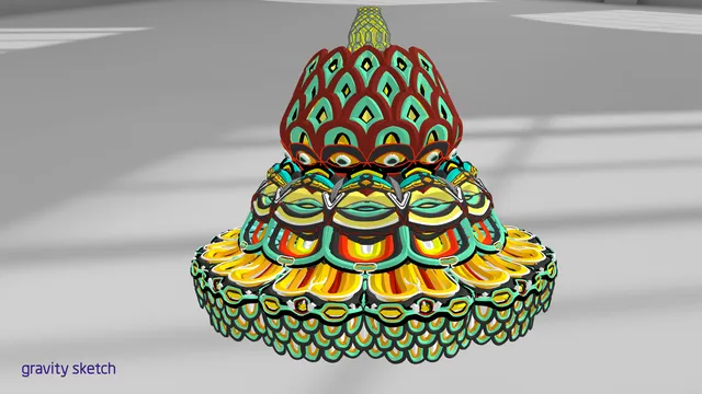 3D VR sculpt of a psychedelic tiered crown with vibrant, symmetrical eye and scale motifs