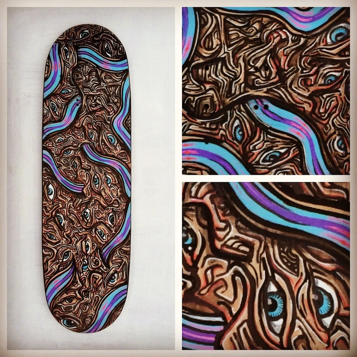 Painted skateboard with a dense psychedelic pattern of swirling brown lines, blue eyes, and bright blue ribbons