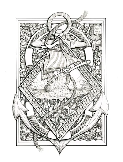 Ink drawing of an anchor and rope framing a sailing ship and scuba divers, surrounded by a dense collage of objects