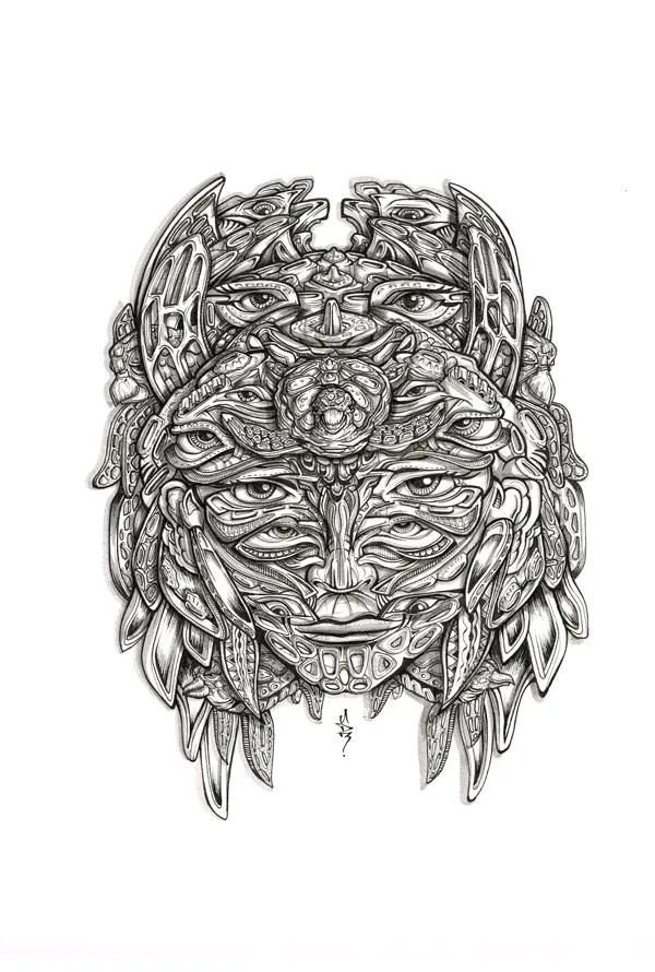 Black and white ink drawing of a symmetrical, psychedelic totemic mask featuring multiple eyes and intricate patterns