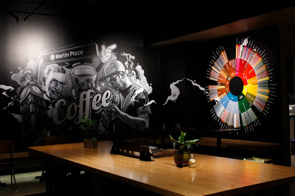Interior rainbow coffee flavour wheel mural for trendy Sydney cafe