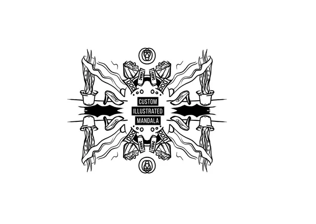 Black and white line drawing of a symmetrical mandala featuring high heels, popcorn, chocolate bars, and potted plants