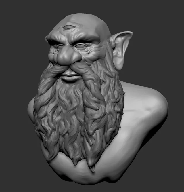 3D sculpted dwarf bust with a long beard, pointed ears and a third eye on its forehead