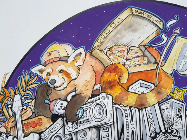 Painted illustration of a red panda wearing a cap, holding a spray can on a boombox next to a pizza box