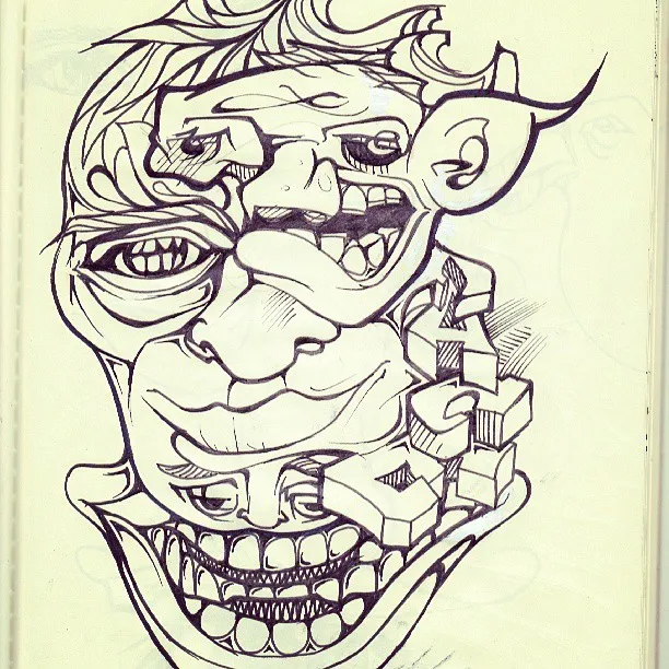 Ink drawing of a surreal, fragmented face with multiple overlapping eyes, grinning mouths, and 3D geometric blocks