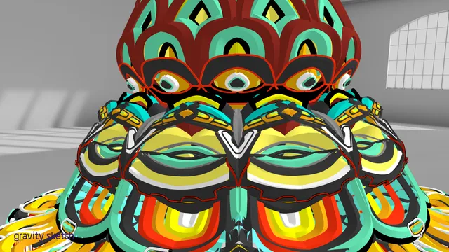 3D VR sculpt of a symmetrical psychedelic crown with repeating eye motifs in bold layers of teal, yellow and red