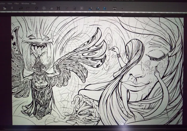 Close up of work in progress digital poster design for illustrated Alex Grey spiritually inspired art print.
