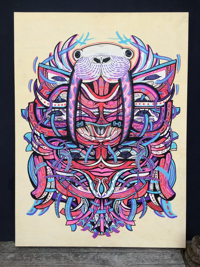 Psychedelic painting on a wood panel featuring a symmetrical, totemic walrus mask in vibrant pink, purple and blue