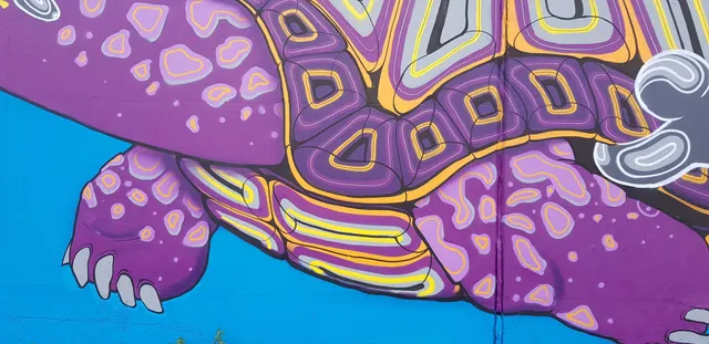 Mural detail of a purple tortoise with yellow spots and a geometric patterned shell on a blue background