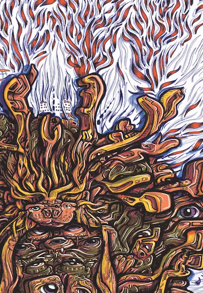 Psychedelic illustration of a multi-eyed totemic mask with swirling orange forms and stylized red flames