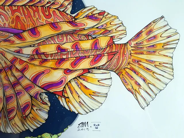 Fins from lionfish illustration in ink and watercolour