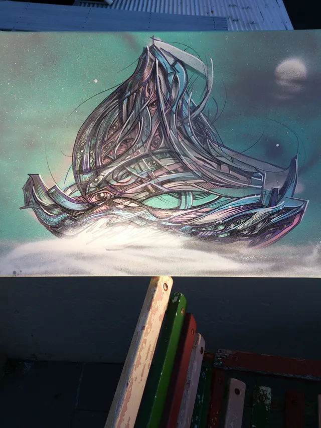 Canvas painting of a surreal boat made of intertwined lines and multiple eyes floating in a cosmic night sky