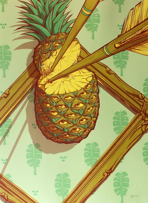 Psychedelic print of an eye-covered sliced pineapple pierced by two arrows against skull and leaf patterned wallpaper