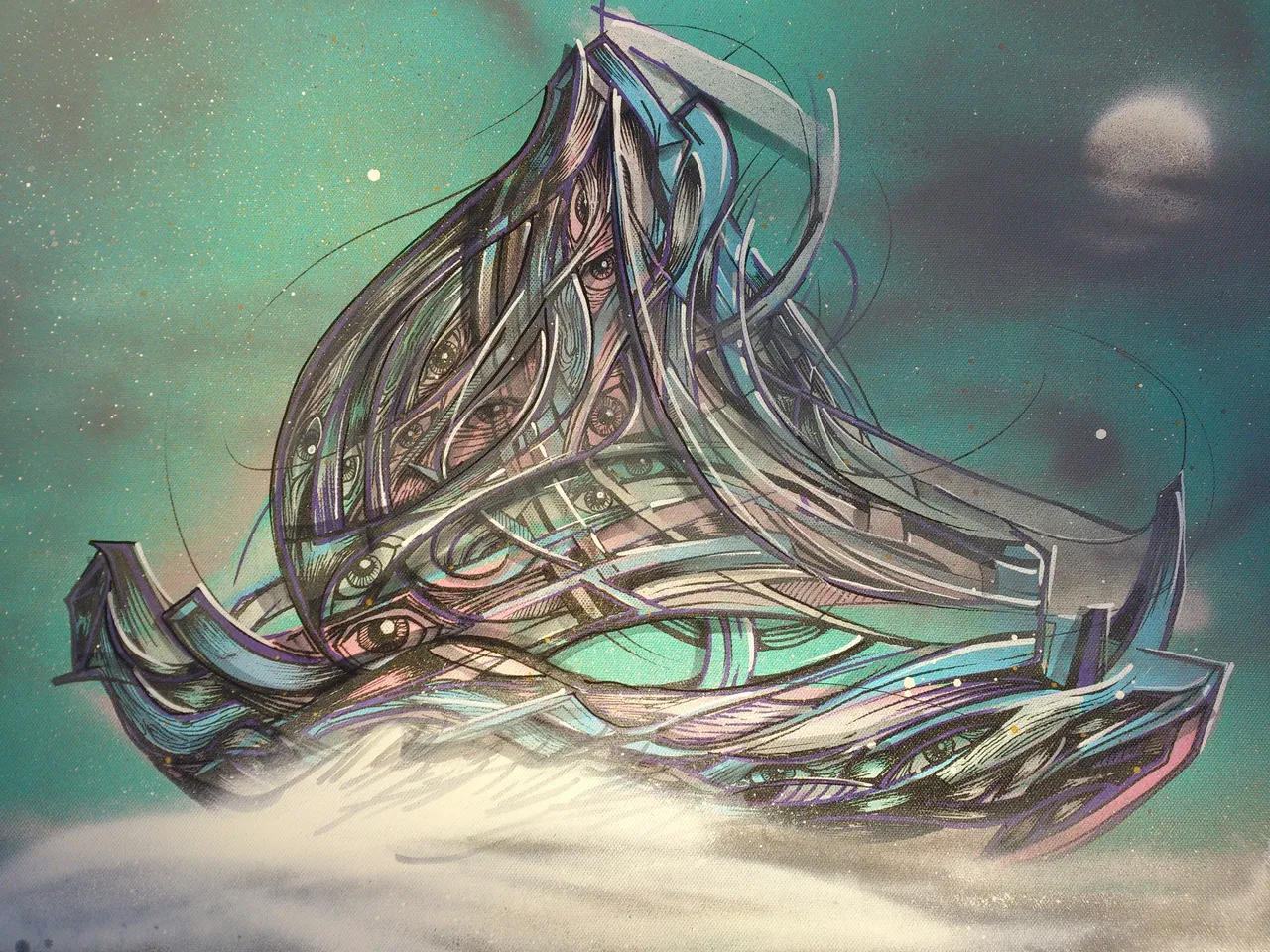 Psychedelic illustration of an abstract boat made of intertwined lines and peering eyes floating above misty clouds