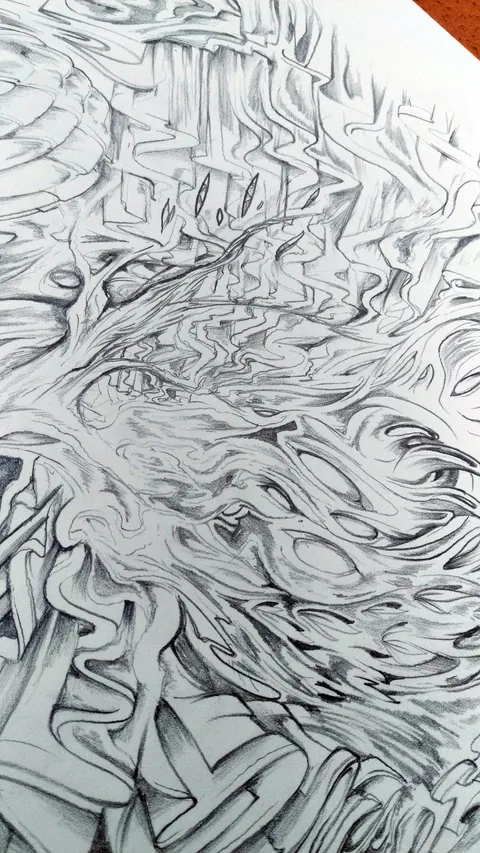 Pencil drawing of intricate flowing abstract linework and swirling psychedelic shapes