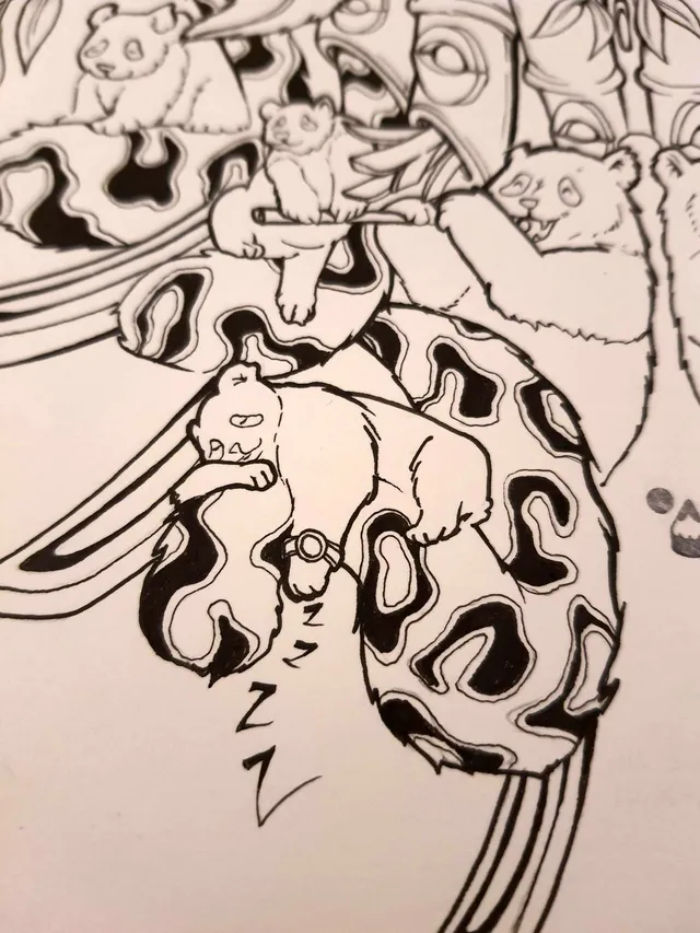 Ink drawing detail of a sleeping panda among other stylized pandas, bold psychedelic shapes, and a totemic mask