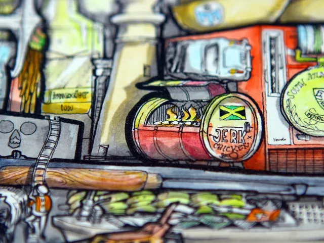Close-up ink illustration of a flaming barrel grill labeled JERK CHICKEN with a Jamaican flag