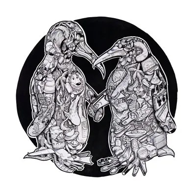 Black and white ink drawing of two penguins filled with intricate doodles facing each other against a black circle