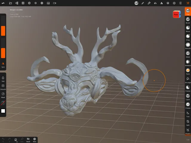 3D software interface displaying a digital sculpt of a totemic alien deer head with antlers, horns, and a third eye