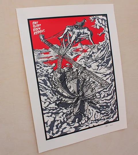 Screenprint of a figure on a crane over swirling clouds and a distorted city, with text Eat Sleep Rock Repeat