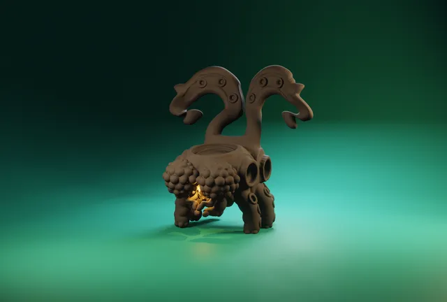 3D render of a brown beetle creature with curling antennae, bulbous eyes and a glowing mouth on a green background