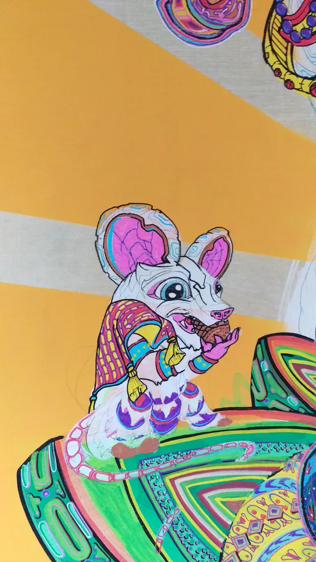 Psychedelic painting of a white mouse in a patterned cloak holding a treat on a colorful geometric base